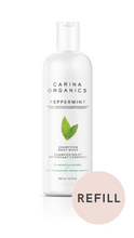 Carina Organics Peppermint Shampoo & Body Wash bottle, 360 ml, with a REFILL badge.