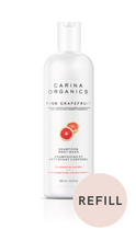 Carina Organics Pink Grapefruit Shampoo & Body Wash bottle with a pink grapefruit slice graphic and a pink REFILL badge.