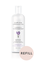 Carina Organics Lavender Shampoo & Body Wash bottle, 360 ml, with a REFILL badge.